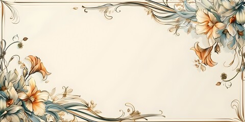 Poster - Elegant Art Nouveau Floral Frame in Pastel and Gold Tones with Intricate Details and Copy Space