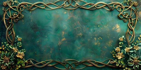 Poster - Intricate Celtic Knot Frame with Lush Green and Gold Accents for Elegant or Copy Space
