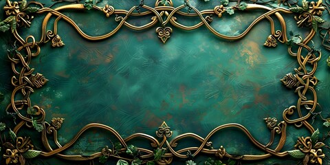 Poster - Ornate Celtic Knot Frame with Intricate Gold and Green Designs on Textured Background