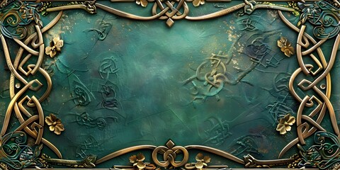 Poster - Celtic Knot Ornate Frame in Emerald Green and Gold Tones Intricate Cultural Design with Copyspace