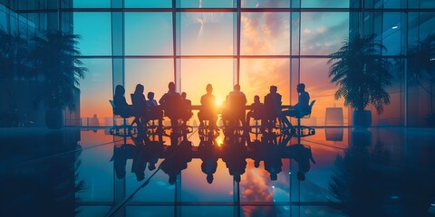 Poster - silhouetted corporate team in strategic boardroom discussion at sunrise
