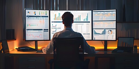 Poster - Focused Office Worker Studying Data Analytics and Financial Reports on Multiple Monitors for Business Insights and Decision Making