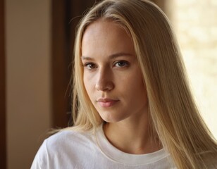 Wall Mural - A blonde woman with green eyes is wearing a white shirt