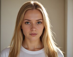 Wall Mural - A blonde woman with green eyes is wearing a white shirt