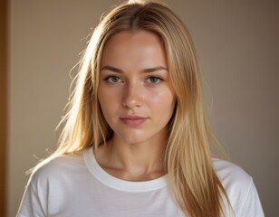 Wall Mural - A blonde woman with green eyes is wearing a white shirt