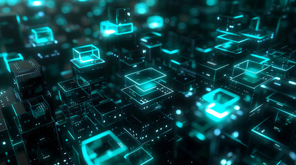 Poster - digital data cubes with binary codes and circuit lines, futuristic technology background, modern cyber tech wallpaper, business background