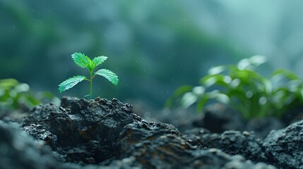 Poster -   A small green plant growing from a rocky spot amidst a lush forest of green foliage