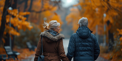 back view of a senior retired couple walking along a path in park