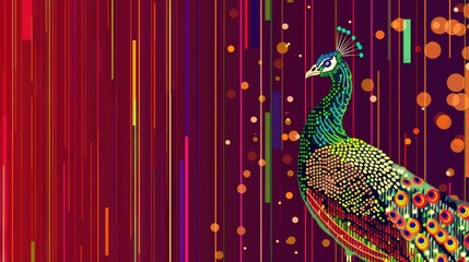   Peacock against vibrant backdrop with multicolored side lines