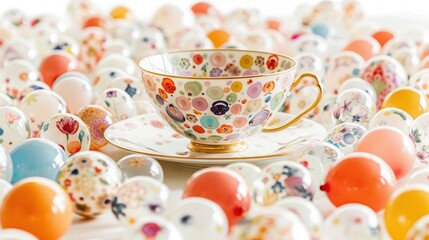 Wall Mural -   An elegant tea set sits atop a pristine white table, surrounded by a bountiful assortment of eggs