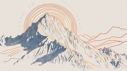 Sticker -   A white background with an orange circle atop a mountain's peak