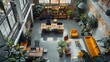 © LittleDreamStocks - A modern open office space with loft-style design, featuring large windows, plants, and a mix of wooden and yellow furniture for a cozy atmosphere.