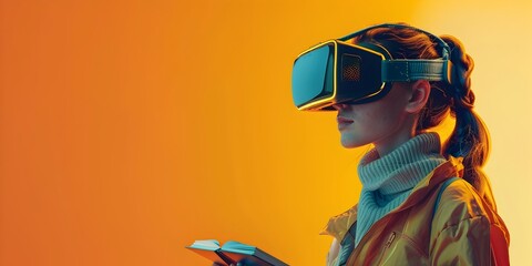 Poster - student exploring futuristic virtual reality headset for immersive learning and education