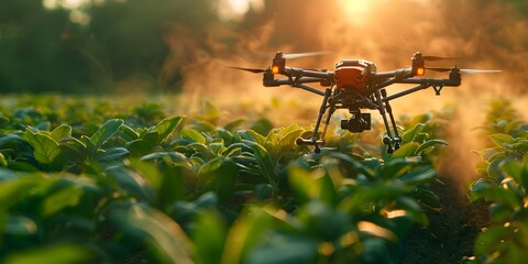 Poster - drone monitoring crops in lush agricultural field at sunset or sunrise with glowing light and vibran