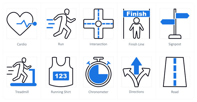A set of 10 running icons as cardio, run, intersection