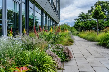 Vibrant landscaped garden outside a municipal building, with a variety of flowers and plants creating a welcoming public space.