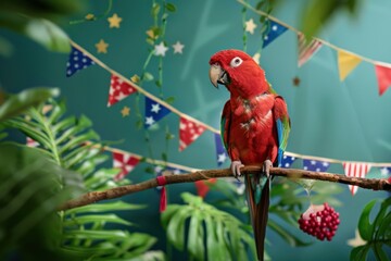 A red parrot perched on a branch with colorful party flags in a lush green setting.