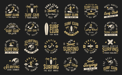 Wall Mural - Vintage Surf club vector logo set template. Set of surfing emblems. Vector illustration set of logos on surfing theme. Surf club logo bundle. Surfing logo vector for t-shirt design