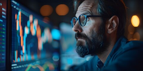 Poster - Focused Businessman Analyzing Financial Data and Market Charts on Digital Display