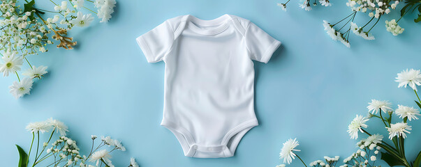 Sticker - White cotton baby Blank bodysuit mockup on pastel blue background with white flowers. 