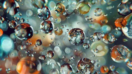 Poster -  Bubbles float atop colored water, droplets below