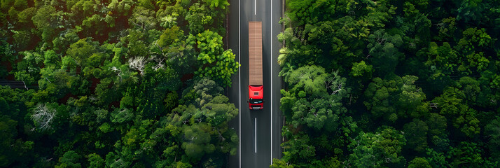 Canvas Print - Aerial view of a red truck driving on a highway surrounded by lush green forests during daytime. AI