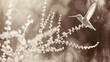 © Olga - A monochromatic picture depicts a hummingbird hovering over a flower-filled plant The tiny blossoms are white, accentuating the bird's vibrant flight