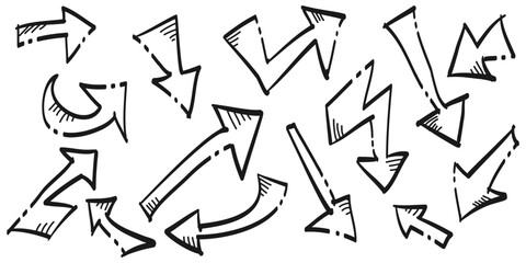 Poster - Hand drawn Arrows icons Set. arrow icon with various directions. Doodle vector illustration. isolated on a white background