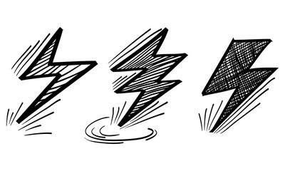 Poster - Set of electric lightning, thunder bolt in doodle style. isolated on white background. vector illustration