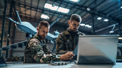 Wall Mural - Two men in military uniforms are looking at a laptop computer