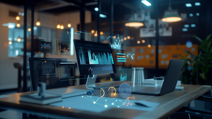 Poster - business data statistics virtual display through augmented reality technology over a table in modern office, digital business analysis, growth sales progress data stats 