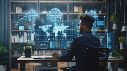 Poster - Futuristic Cloud Computing Workspace with Interactive Data Dashboards and Real Time Analytics