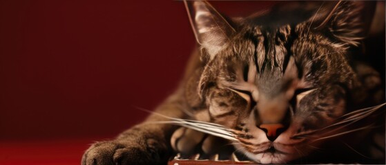 Sleepy cat with ample copyspace on a maroon background
