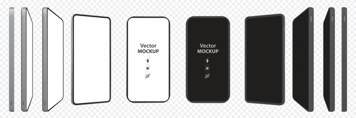 Poster - Mobile Phone Vector Mockup With Perspective Views. Black and white smartphone screens isolated on transparent background.