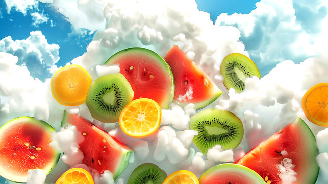 A close-up view of a cloud adorned with slices of juicy watermelon, kiwi, and oranges, with a puffy white cloud formation filling the rest of the frame.