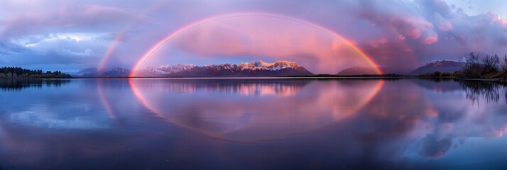 Wall Mural - A pastel rainbow arching over a tranquil lake at dawn