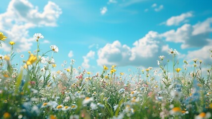 Canvas Print - Serene Meadow with Vibrant Wildflowers and Clear Blue Sky Capturing the Beauty of Nature and the Importance of Environmental Conservation