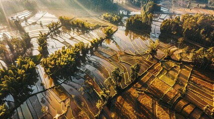 Wall Mural -   Aerial view of a farm with many trees in the distance
