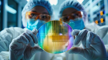 Poster - Two scientists wearing gloves and masks are holding a small, colorful object