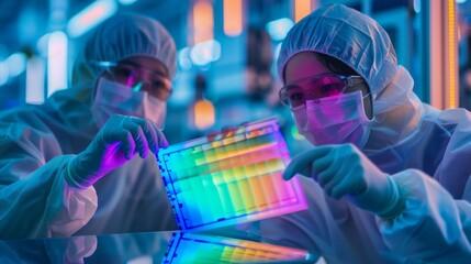 Poster - Two scientists in lab coats are pointing at a colorful slide
