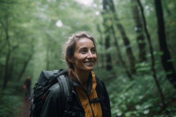 Happy woman hiking in forest in rain