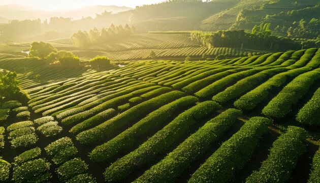 An aerial view of a green tea plantation, showing the lush fields from above, ideal for agricultural or environmental presentations
