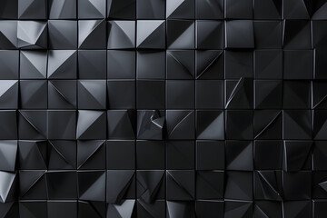 Triangular Tiles arranged to create a Black wall. Polished, Futuristic Background formed from 3D blocks. 3D Render AI