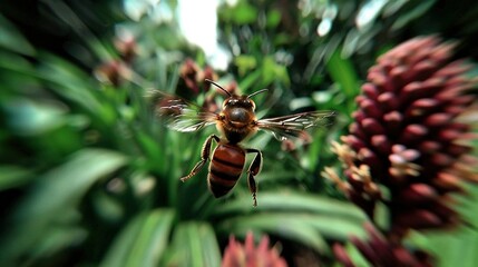   A bee perched atop a lush green plant, surrounded by an array of radiant red and verdant green blossoms on a bright summer's day