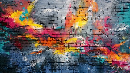 Poster - A brick wall serves as the canvas for a stunning spray paint artwork, highlighting the street art concept. The explosion of color and texture captures