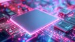 © Muhammad - A computer chip with a black background and a pink and blue background. The chip is empty and surrounded by other electronic components. AI generated.