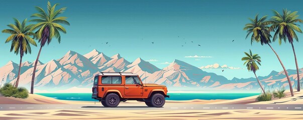 Wall Mural - Sollywood landscape with desert, mountains and sea in the background An orange SUV car on the road near an oasis with palm trees.