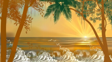 Wall Mural -   Sunset over the ocean with palm trees in the foreground and waves crashing in the background