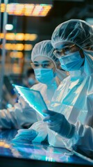 Poster - Two people in lab coats are looking at a tablet