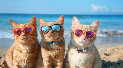 Cats wear sunglasses on the beach.